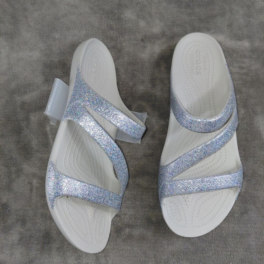 Crocs Kadee II Womens Glitter Slip On Icon Comfort Slide Flat Sandals Size 10